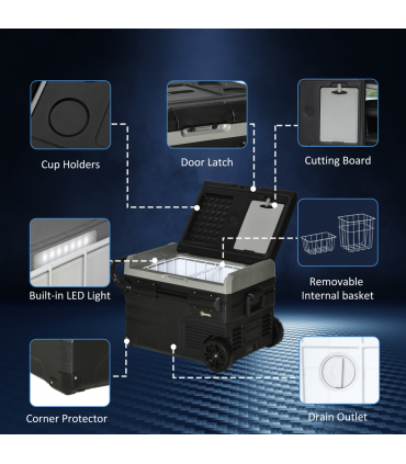 40L Car Refrigerator 12V Portable Freezer w/ Inner LED Light, Wheels Outsunny