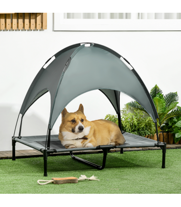 92 cm Elevated Dog Bed Cooling Raised Pet Cot UV Protection Canopy Grey Pawhut