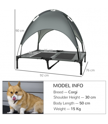 92 cm Elevated Dog Bed Cooling Raised Pet Cot UV Protection Canopy Grey Pawhut