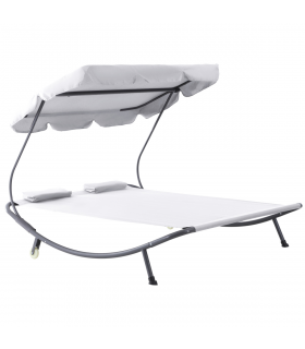 Double Hammock Sun Lounger Bed Canopy Shelter Wheels 2 Pillows Cream White