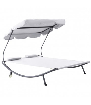 Double Hammock Sun Lounger Bed Canopy Shelter Wheels 2 Pillows Cream White
