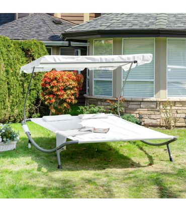 Double Hammock Sun Lounger Bed Canopy Shelter Wheels 2 Pillows Cream White