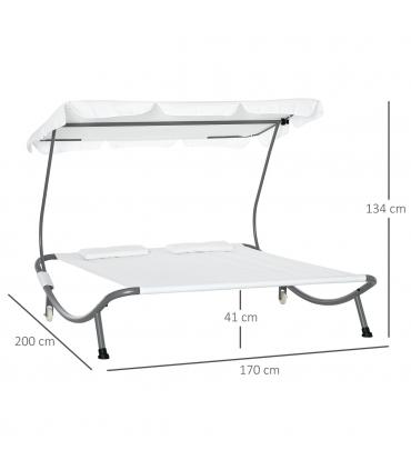 Double Hammock Sun Lounger Bed Canopy Shelter Wheels 2 Pillows Cream White