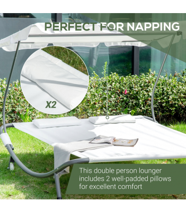 Double Hammock Sun Lounger Bed Canopy Shelter Wheels 2 Pillows Cream White