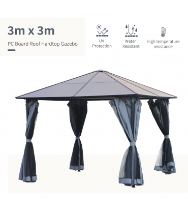 Gazebo Canopy 3x3(m) Polycarbonate Hardtop Aluminium Frame Grey 2.65H x 3L x 3Wm