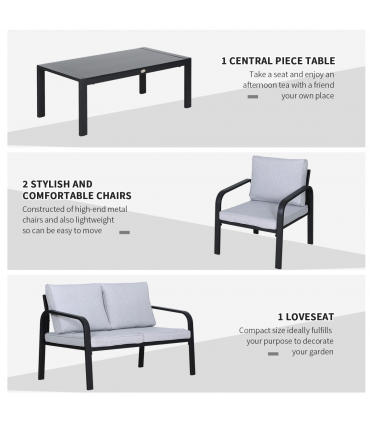 Garden Dining Set 4 Pcs Black Aluminium Foam Glass 118cmx68cmx70cm