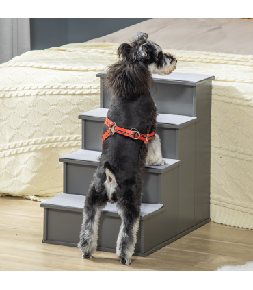 4 Step Wooden Dog Steps Pet Stairs Cat Ladder for Bed Couch, Grey Pawhut