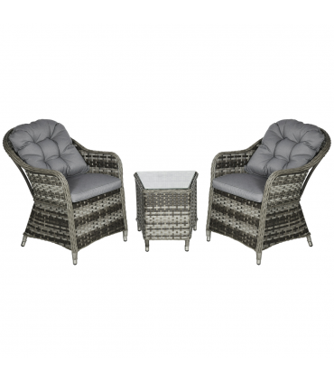 3 PCS Aluminium Rattan Bistro Set with Soft Cushions & Glass Top