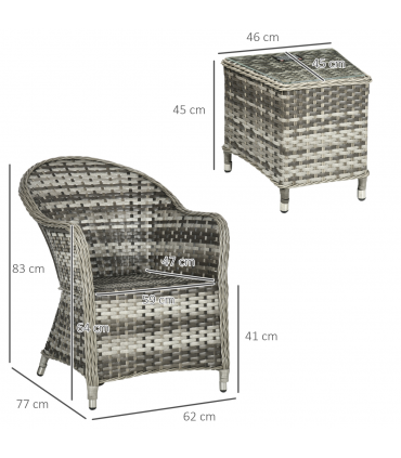 3 PCS Aluminium Rattan Bistro Set with Soft Cushions & Glass Top