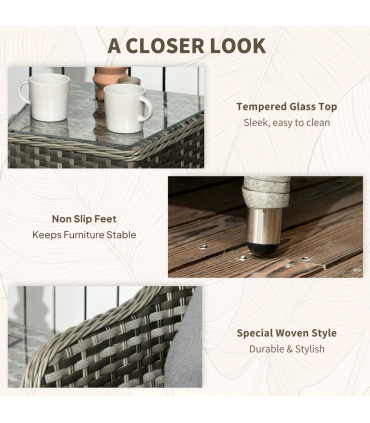 3 PCS Aluminium Rattan Bistro Set with Soft Cushions & Glass Top