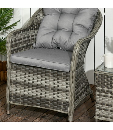 3 PCS Aluminium Rattan Bistro Set with Soft Cushions & Glass Top