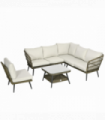 5 PCS Rattan Corner Sofa, Rattan Garden Furniture w/ Glass Top Two-tier Table