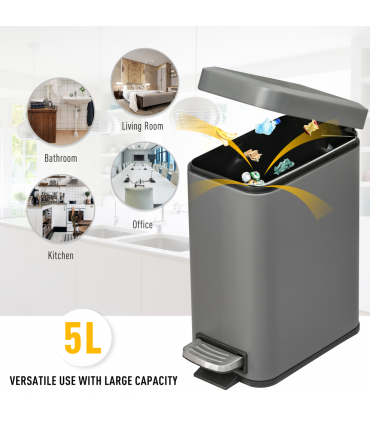 Steel Grey 5L Step Trash Can with Quiet-Closed Lid, Silent and Gentle Open
