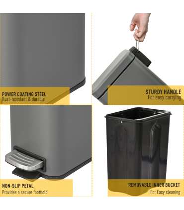 Steel Grey 5L Step Trash Can with Quiet-Closed Lid, Silent and Gentle Open