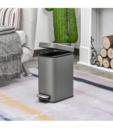Steel Grey 5L Step Trash Can with Quiet-Closed Lid, Silent and Gentle Open
