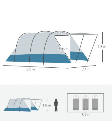 6-8 Person Tunnel Tent, Two-room Camping Tent with Carry Bag, Blue