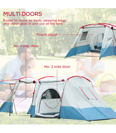 6-8 Person Tunnel Tent, Two-room Camping Tent with Carry Bag, Blue