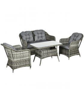 4 PCS Rattan Garden Furniture, Padded Conversation Sofa Set w/ Glass Top Table