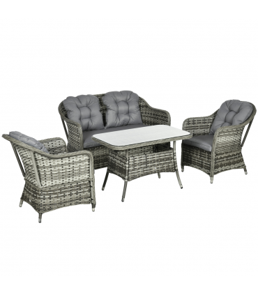 4 PCS Rattan Garden Furniture, Padded Conversation Sofa Set w/ Glass Top Table