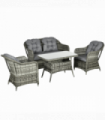 4 PCS Rattan Garden Furniture, Padded Conversation Sofa Set w/ Glass Top Table