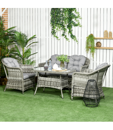 4 PCS Rattan Garden Furniture, Padded Conversation Sofa Set w/ Glass Top Table
