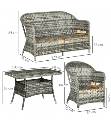 4 PCS Rattan Garden Furniture, Padded Conversation Sofa Set w/ Glass Top Table