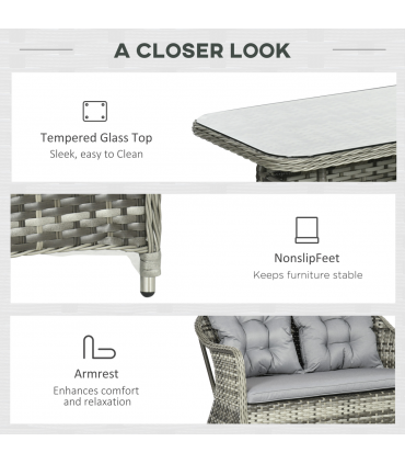 4 PCS Rattan Garden Furniture, Padded Conversation Sofa Set w/ Glass Top Table