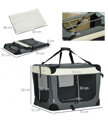 70cm Foldable Pet Carrier w/ Cushion for Mini Dogs and Cats - Grey Pawhut
