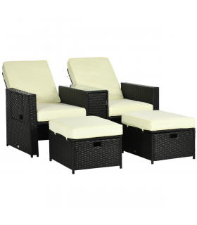 5-level Adjustable Rattan Sun Lounger w/ Storage Tea Table & Footstools, Balck
