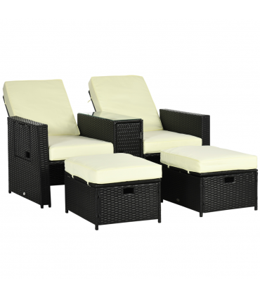 5-level Adjustable Rattan Sun Lounger w/ Storage Tea Table & Footstools, Balck