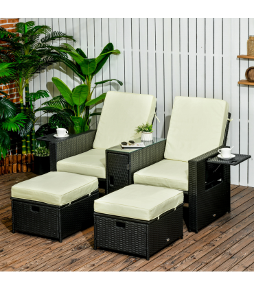 5-level Adjustable Rattan Sun Lounger w/ Storage Tea Table & Footstools, Balck