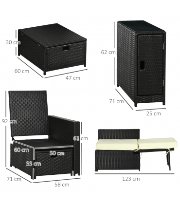 5-level Adjustable Rattan Sun Lounger w/ Storage Tea Table & Footstools, Balck