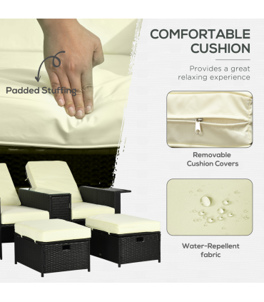 5-level Adjustable Rattan Sun Lounger w/ Storage Tea Table & Footstools, Balck