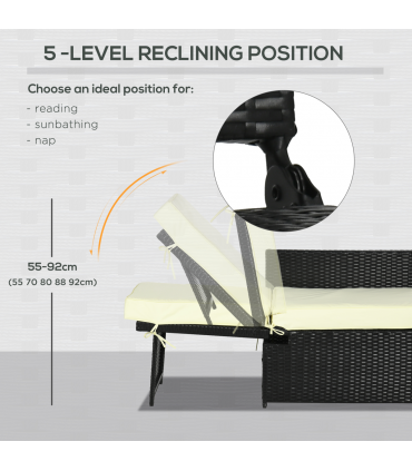 5-level Adjustable Rattan Sun Lounger w/ Storage Tea Table & Footstools, Balck