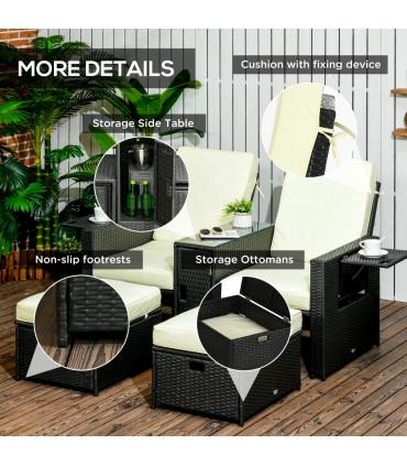 5-level Adjustable Rattan Sun Lounger w/ Storage Tea Table & Footstools, Balck