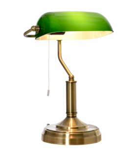 Banker's Table Lamp Desk Lamp w/Antique Bronze Base, Glass Shade and Pull Rope