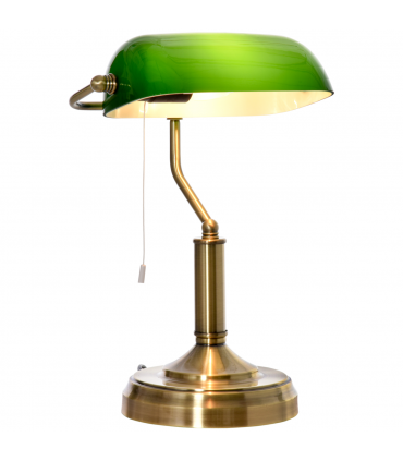 Banker's Table Lamp Desk Lamp w/Antique Bronze Base, Glass Shade and Pull Rope