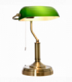 Banker's Table Lamp Desk Lamp w/Antique Bronze Base, Glass Shade and Pull Rope