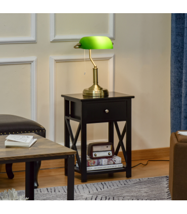 Banker's Table Lamp Desk Lamp w/Antique Bronze Base, Glass Shade and Pull Rope