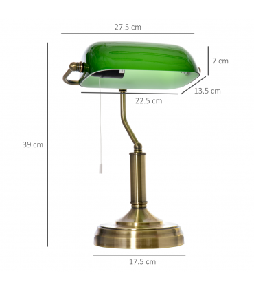 Banker's Table Lamp Desk Lamp w/Antique Bronze Base, Glass Shade and Pull Rope