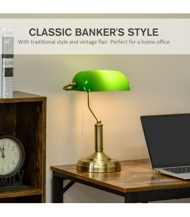 Banker's Table Lamp Desk Lamp w/Antique Bronze Base, Glass Shade and Pull Rope