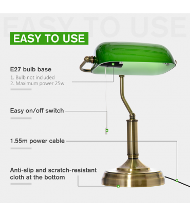 Banker's Table Lamp Desk Lamp w/Antique Bronze Base, Glass Shade and Pull Rope
