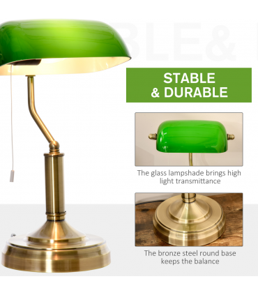 Banker's Table Lamp Desk Lamp w/Antique Bronze Base, Glass Shade and Pull Rope