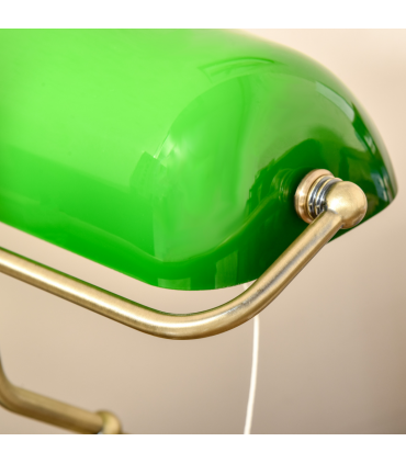 Banker's Table Lamp Desk Lamp w/Antique Bronze Base, Glass Shade and Pull Rope