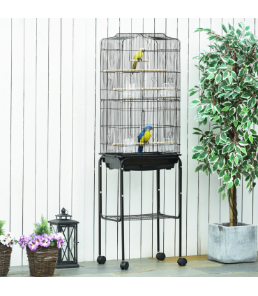 Bird Cage Metal Budgie Cages W/ Rolling Stand Slide-out Tray Storage Shelf Black