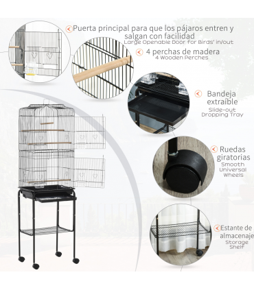 Bird Cage Metal Budgie Cages W/ Rolling Stand Slide-out Tray Storage Shelf Black