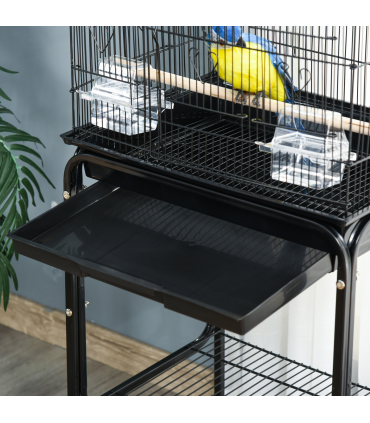 Bird Cage Metal Budgie Cages W/ Rolling Stand Slide-out Tray Storage Shelf Black