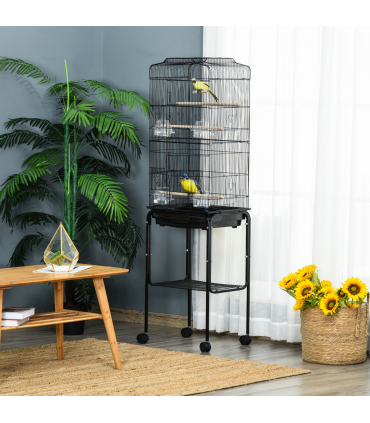 Bird Cage Metal Budgie Cages W/ Rolling Stand Slide-out Tray Storage Shelf Black