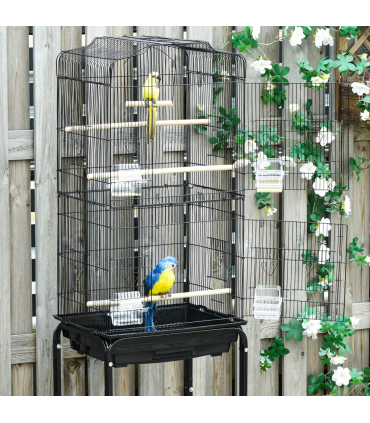 Bird Cage Metal Budgie Cages W/ Rolling Stand Slide-out Tray Storage Shelf Black