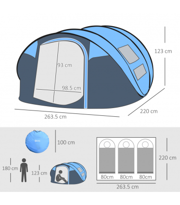 Camping Tent Dome Pop-up Tent with Windows for 4-5 Person Sky Blue